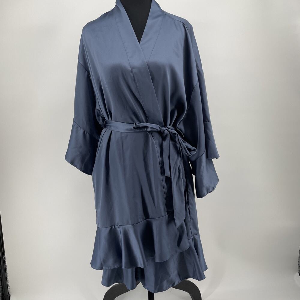 Victoria’s Secret Women’s XS/S Blue Satin Robe Ruffle Pockets Knee Length Lounge